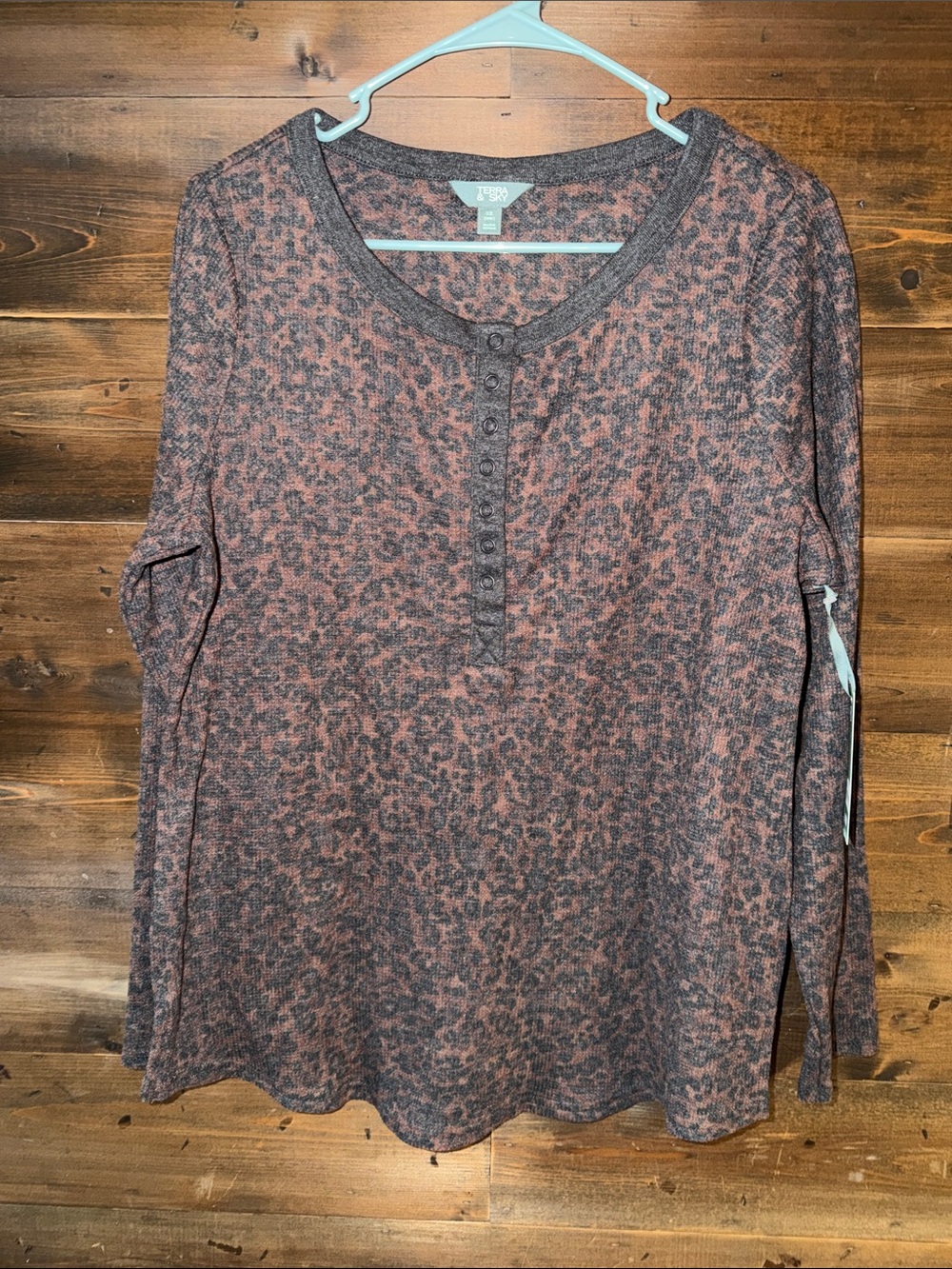 Brown & Charcoal Leopard Henley  Waffle texture Long Sleeve Top